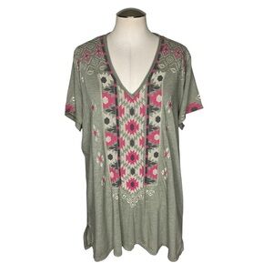JWLA Johnny Was Embroidered Boho Tunic Top XL Pink Gray